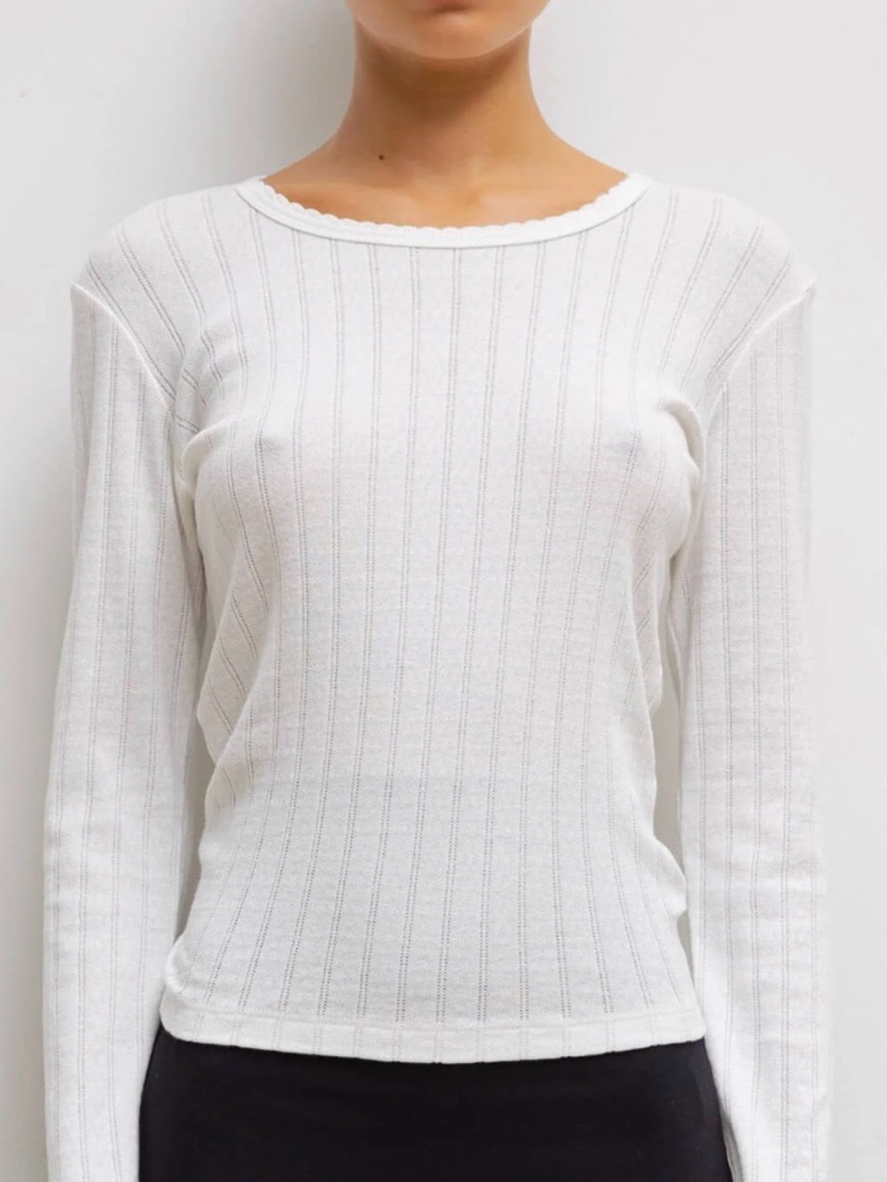 LESET White Pointelle Ribbed Long-Sleeve Crewneck Top